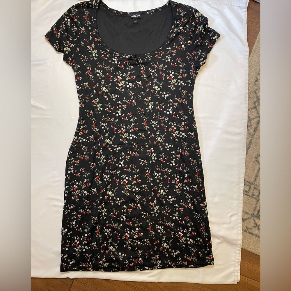 Justify size large black floral mini dress